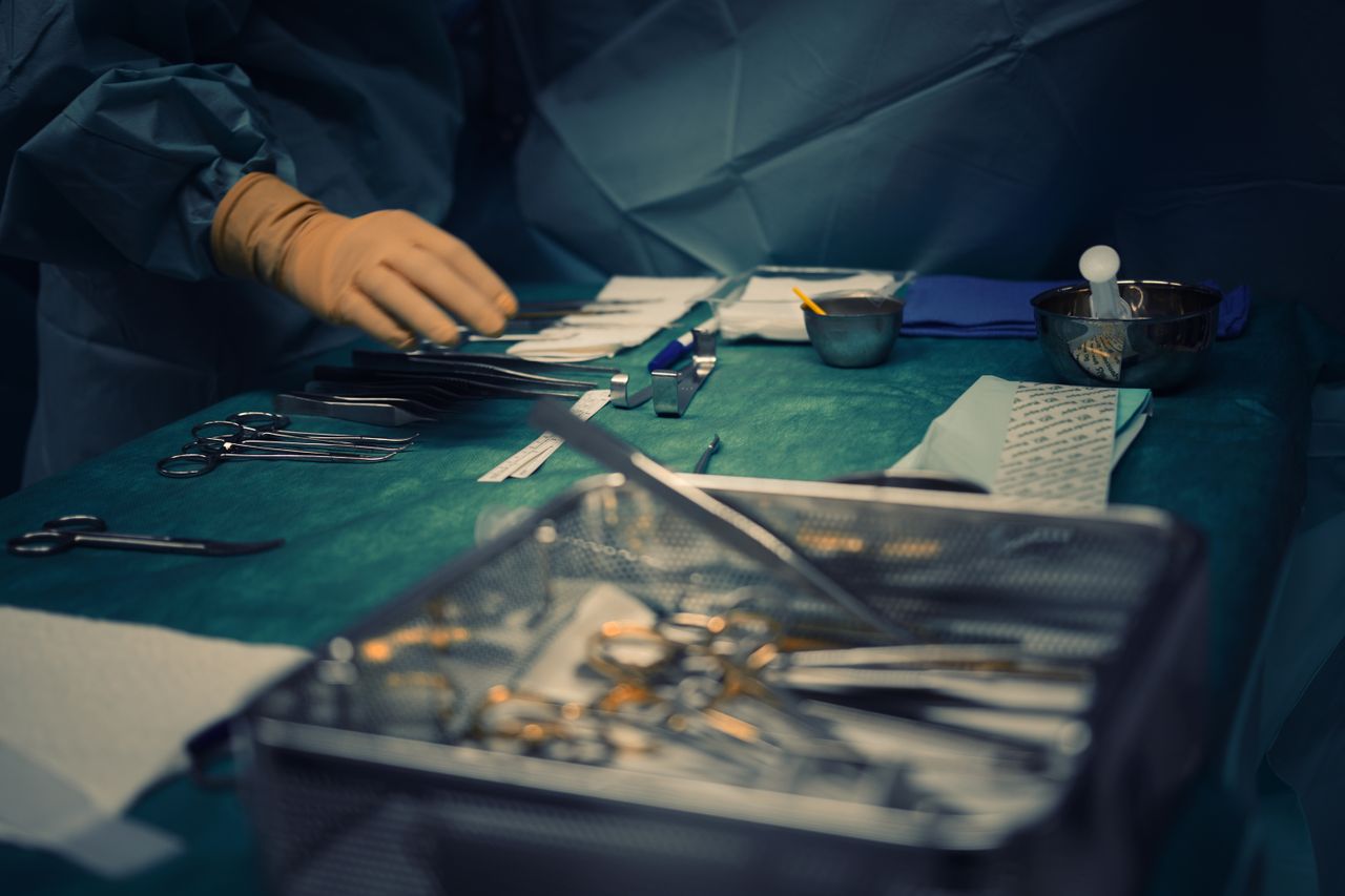 services-01 Close-up of surgical instruments prepared for surgery in a hospital operating room.